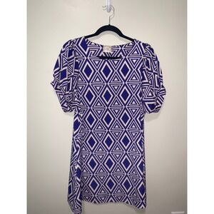 Lila Womens Blue Cream Geometric Diamond Print Puff Sleeve Shift Mini Dress